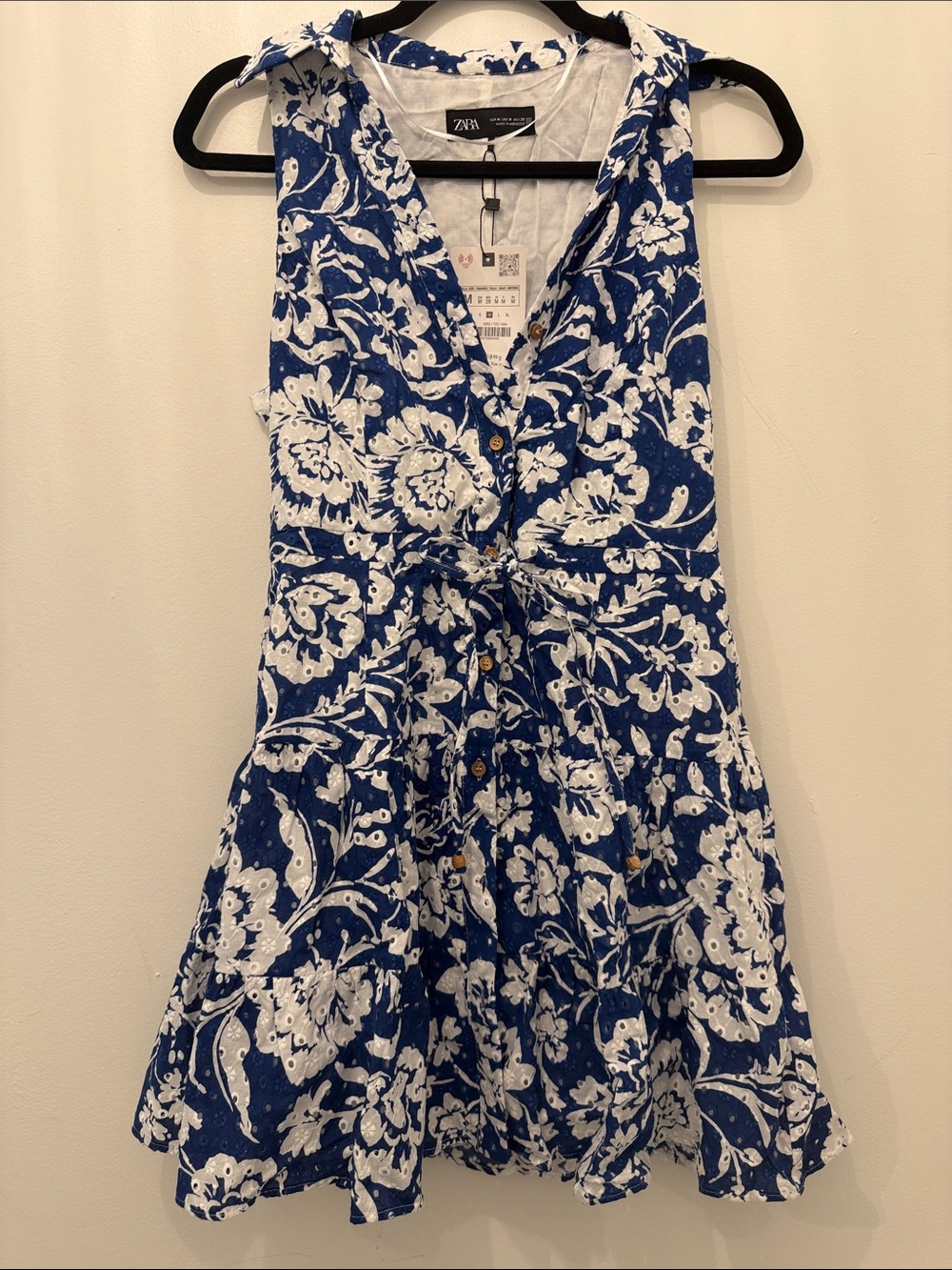 ZARA Blue and White Floral Tie-Waist Sundress